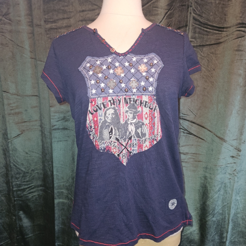 Double D Ranch Navy Blue Graphic Patchwork Tee with Red Accents